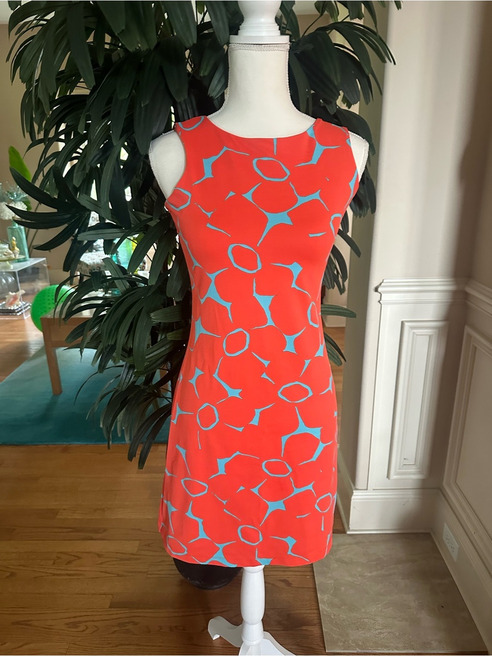 MAHI GOLD Red Mini Dress with Blue Abstract Print